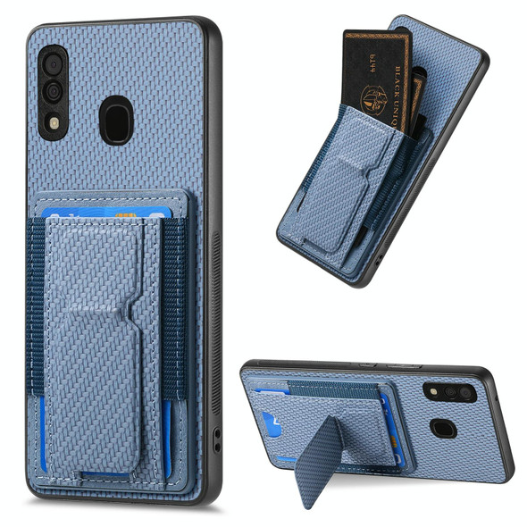 For Samsung Galaxy A50/A50s/A30s Carbon Fiber Fold Stand Elastic Card Bag Phone Case(Blue)