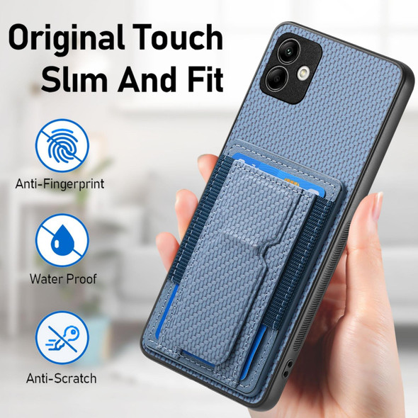 For Samsung Galaxy A22 5G Carbon Fiber Fold Stand Elastic Card Bag Phone Case(Blue)