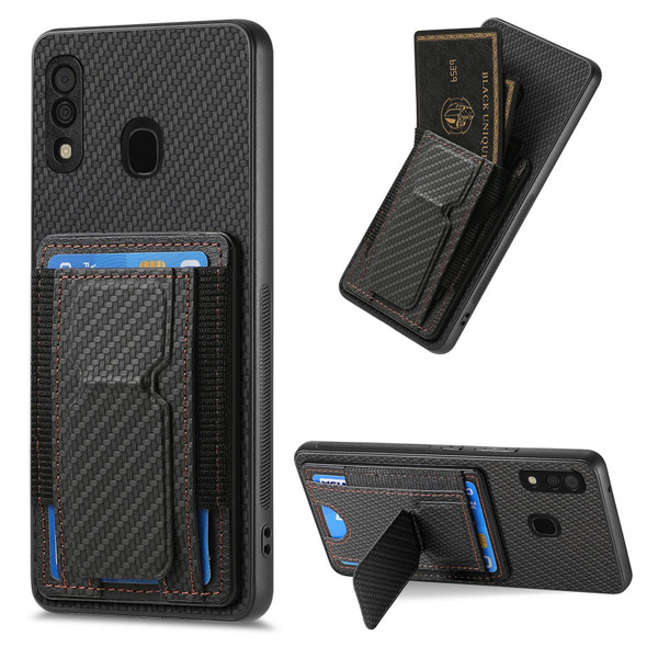 For Samsung Galaxy A50/A50s/A30s Carbon Fiber Fold Stand Elastic Card Bag Phone Case(Black)