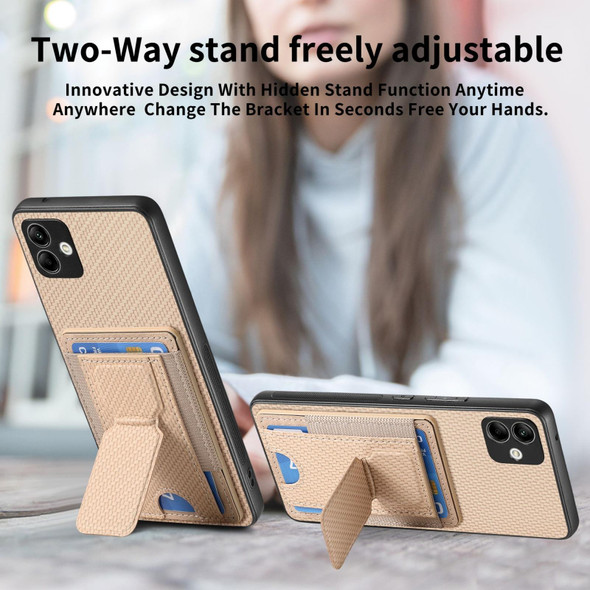 For Samsung Galaxy A22 5G Carbon Fiber Fold Stand Elastic Card Bag Phone Case(Khaki)