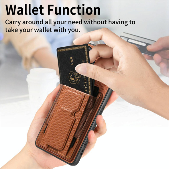 For Samsung Galaxy S22 5G Carbon Fiber Fold Stand Elastic Card Bag Phone Case(Brown)