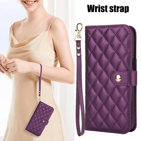 For iPhone 13 mini Crossbody Multifunction Rhombic Leather Phone Case(Dark Purple)