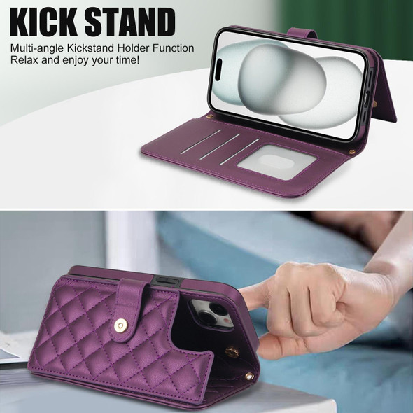 For iPhone 15 Crossbody Multifunction Rhombic Leather Phone Case(Dark Purple)