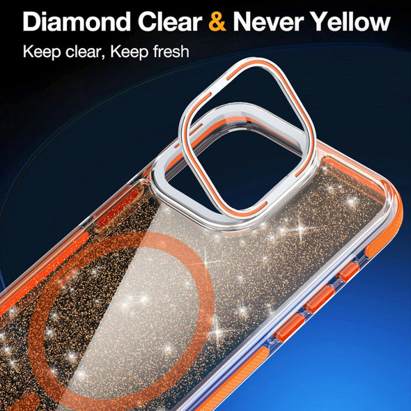 For iPhone 14 Two-color Glitter Powder Lens Holder Magsafe Phone Case(Orange)