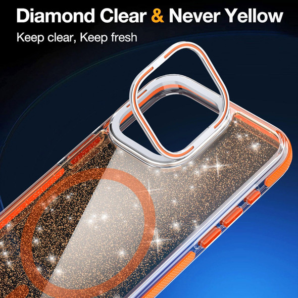 For iPhone 15 Plus Two-color Glitter Powder Lens Holder Magsafe Phone Case(Orange)