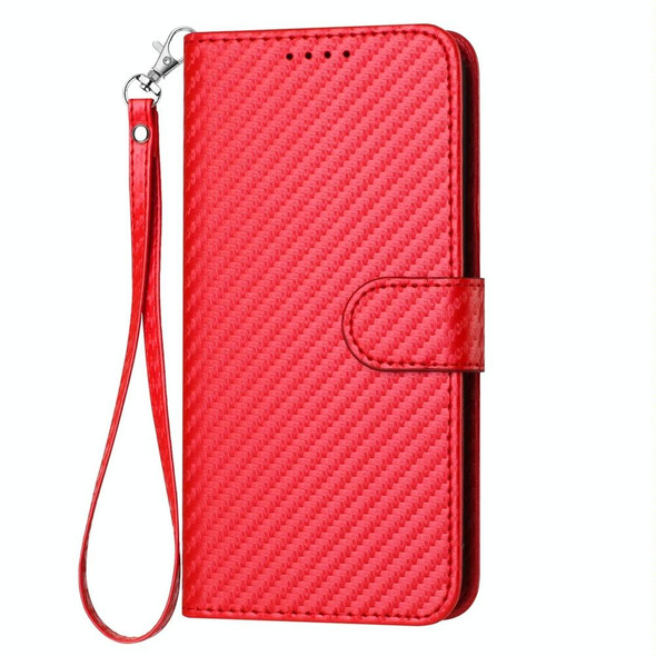 For Samsung Galaxy S21 5G YX0070 Carbon Fiber Buckle Leather Phone Case with Lanyard(Red)