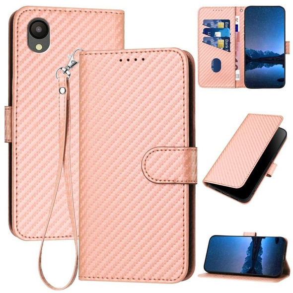 For Samsung Galaxy A23 JP Version YX0070 Carbon Fiber Buckle Leather Phone Case with Lanyard(Pink)