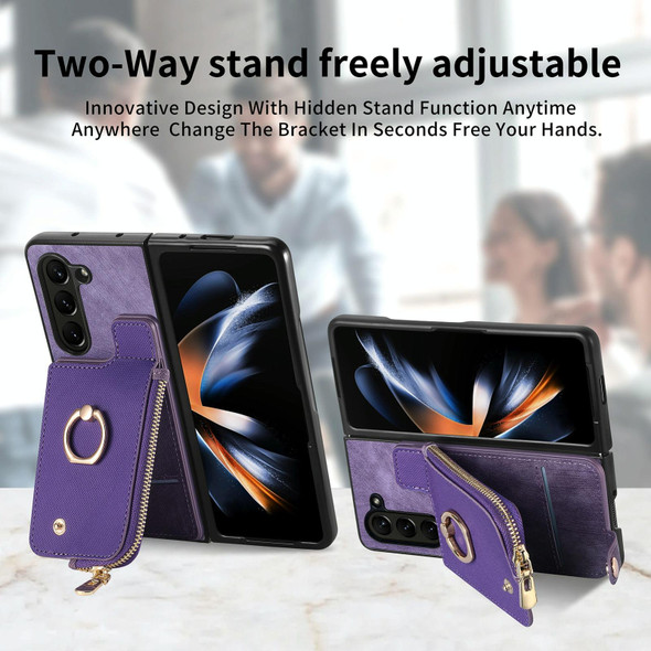 For Samsung Galaxy Z Fold6 5G Retro Zipper Wallet Ring Leather Phone Case(Purple)