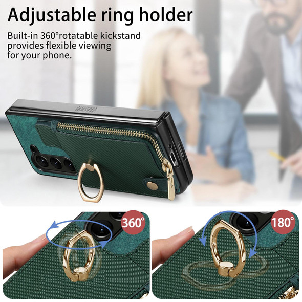 For Samsung Galaxy Z Fold6 5G Retro Zipper Wallet Ring Leather Phone Case(Green)