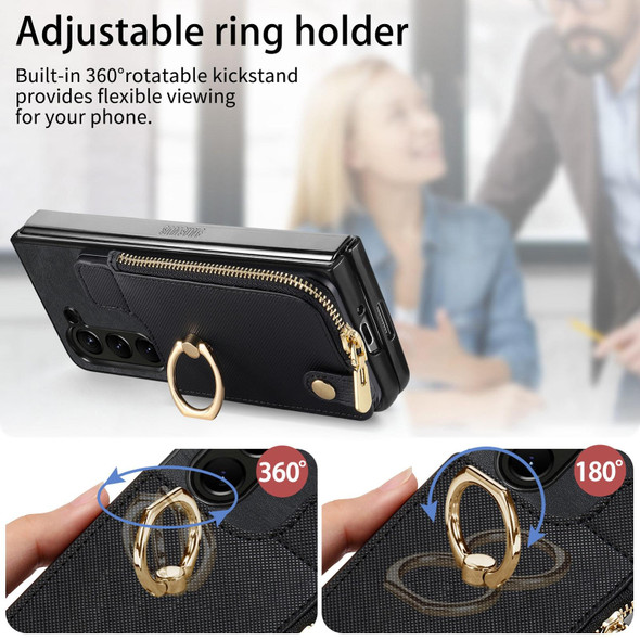 For Samsung Galaxy Z Fold6 5G Retro Zipper Wallet Ring Leather Phone Case(Black)