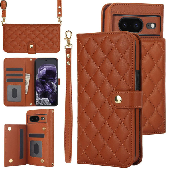 For Google Pixel 8 Crossbody Multifunction Rhombic Leather Phone Case(Brown)