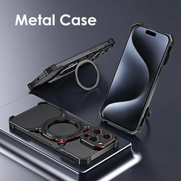 For iPhone 13 Mechanical Arm Borderless MagSafe Holder Metal Phone Case(Black Red)