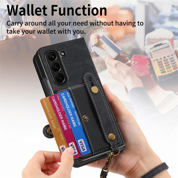 For Samsung Galaxy Z Fold6 5G Retro Cross Wristband Wallet Leather Back Phone Case(Black)