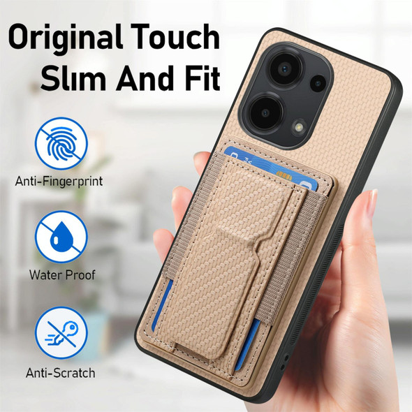 For Xiaomi Redmi Note 12 Turbo Carbon Fiber Fold Stand Elastic Card Bag Phone Case(Khaki)