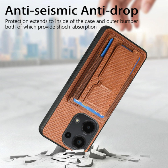 For Xiaomi Redmi Note 13 Pro 4G Carbon Fiber Fold Stand Elastic Card Bag Phone Case(Brown)