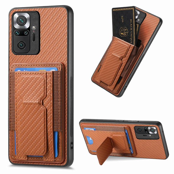 For Xiaomi Redmi Note 10 Pro 4G Carbon Fiber Fold Stand Elastic Card Bag Phone Case(Brown)