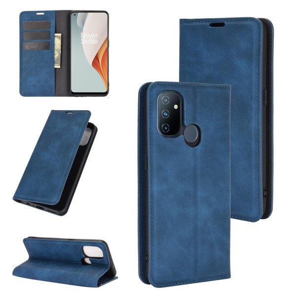 OnePlus Nord N100 Retro-skin Business Magnetic Suction Leather Case with Holder & Card Slots & Wallet(Dark Blue)