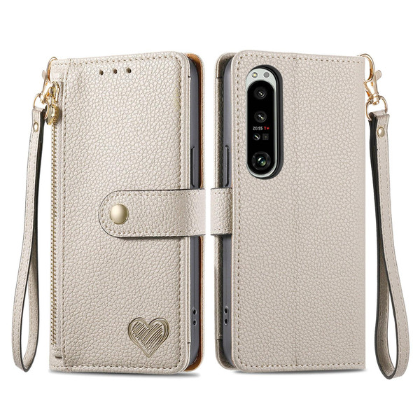 For Sony Xperia 1 IV Love Zipper Lanyard Leather Phone Case(Gray)