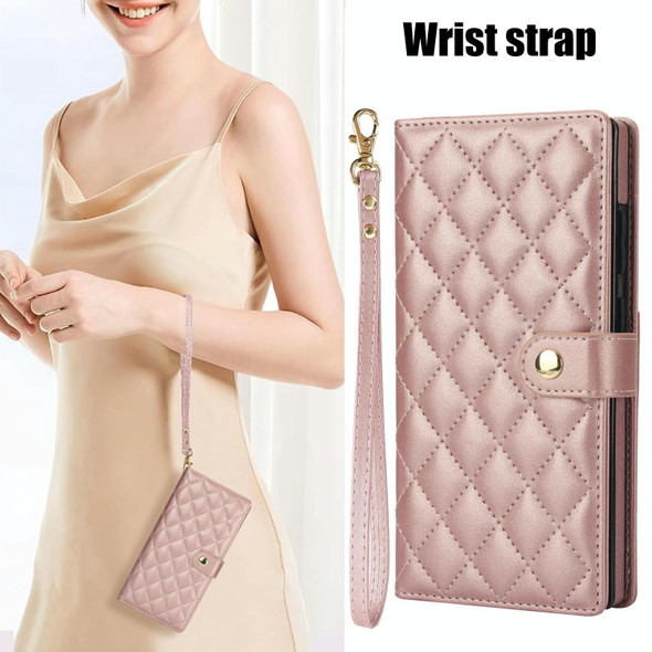For Samsung Galaxy S22 Ultra 5G Crossbody Multifunction Rhombic Leather Phone Case(Rose Gold)