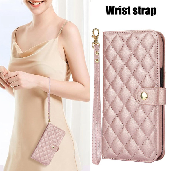 For Samsung Galaxy S21 FE 5G Crossbody Multifunction Rhombic Leather Phone Case(Rose Gold)