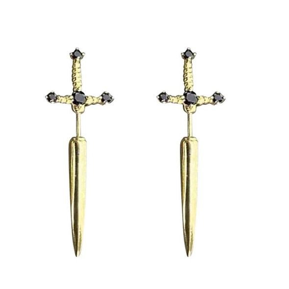 1pair Gothic Sword Earrings Ladies Vintage Crystal Diamond Ear Studs(Gold Black Diamond)