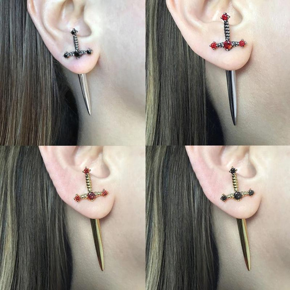 1pair Gothic Sword Earrings Ladies Vintage Crystal Diamond Ear Studs(Gold Black Diamond)