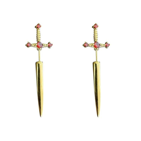 1pair Gothic Sword Earrings Ladies Vintage Crystal Diamond Ear Studs(Gold Red Diamond)