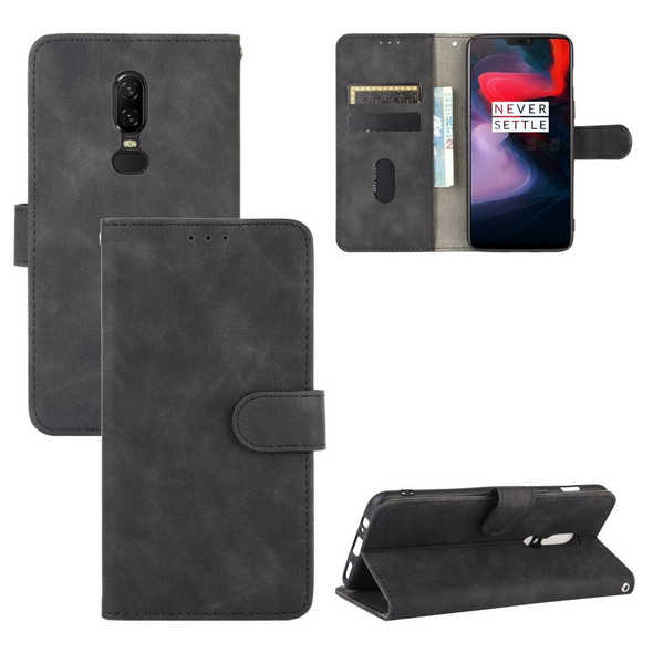 OnePlus 6 Solid Color Skin Feel Magnetic Buckle Horizontal Flip Calf Texture PU Leather Case with Holder & Card Slots & Wallet(Black)