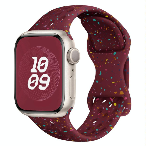 For Apple Watch Series 9 45mm Hole Style Butterfly Buckle Camouflage Silicone Watch Band(Wine Red)