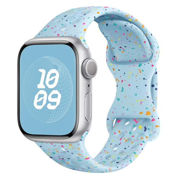 For Apple Watch Series 9 41mm Hole Style Butterfly Buckle Camouflage Silicone Watch Band(Light Blue)