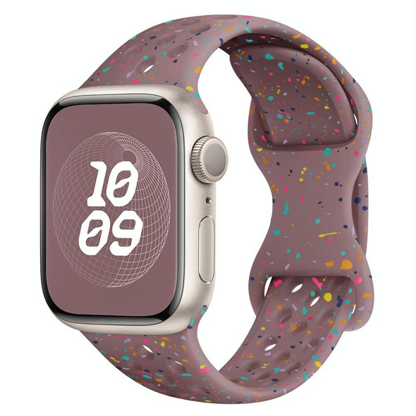 For Apple Watch Series 3 42mm Hole Style Butterfly Buckle Camouflage Silicone Watch Band(Smoke Purple)