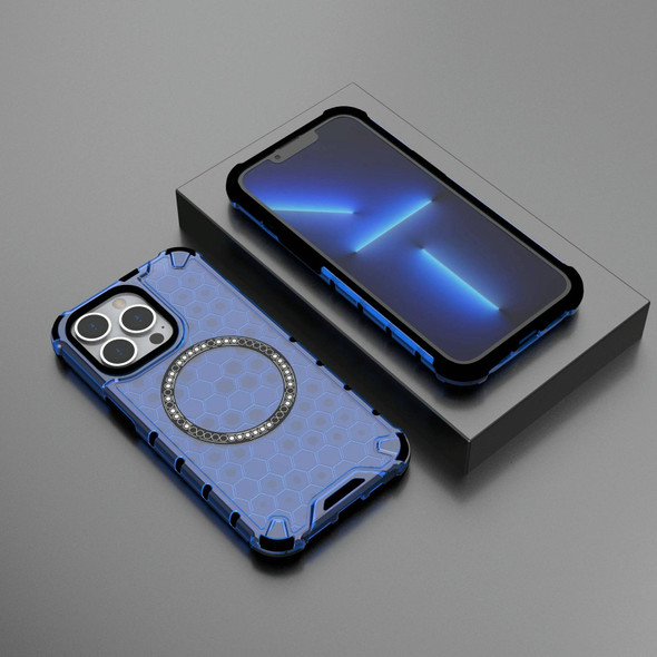 For iPhone 13 Pro Honeycomb Magnetic Ring Shockproof Phone Case(Blue)