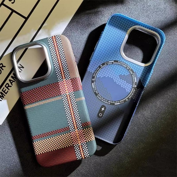 For iPhone 14 Pro Kevlar Carbon Fiber Texture MagSafe Magnetic Phone Case(Red Blue Checkered)