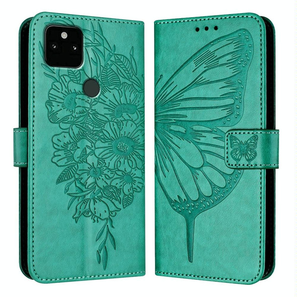 For Google Pixel 5a 5G Embossed Butterfly Leather Phone Case(Green)