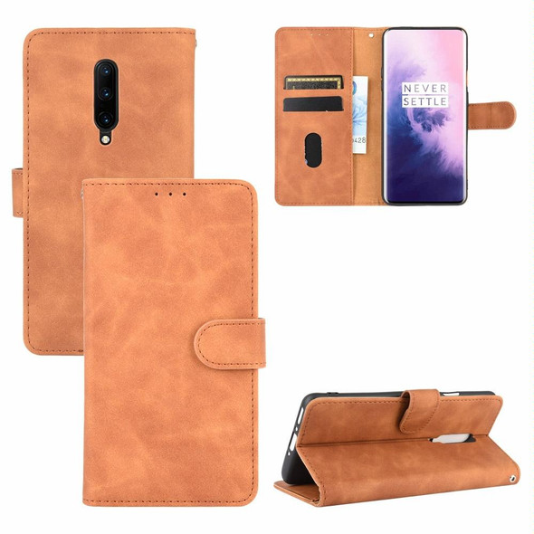 OnePlus 7 Pro Solid Color Skin Feel Magnetic Buckle Horizontal Flip Calf Texture PU Leather Case with Holder & Card Slots & Wallet(Brown)