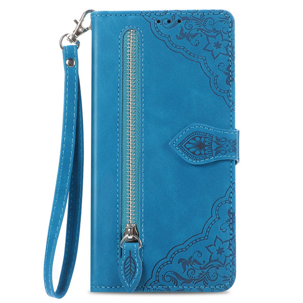 For ZTE Blade A34 Embossed Flower Zipper Leather Phone Case(Blue)