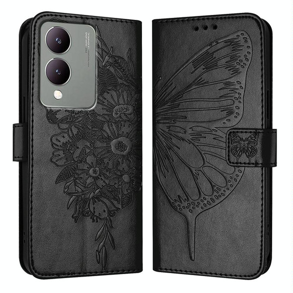 For vivo Y17s 4G Global / Y28 5G India Embossed Butterfly Leather Phone Case(Black)