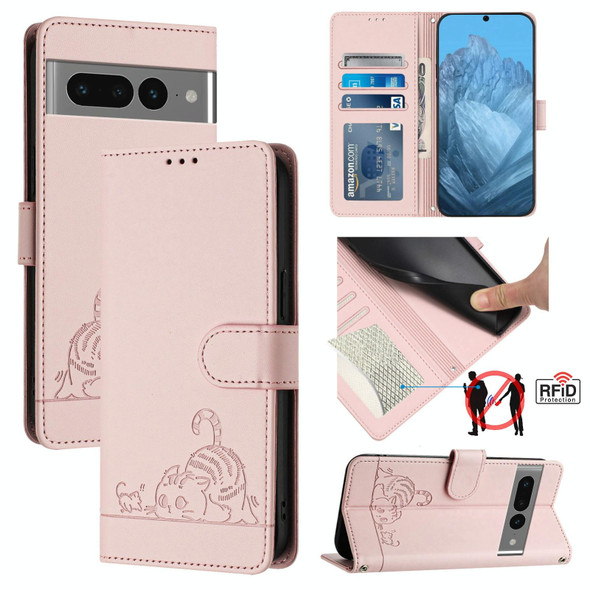 For Google Pixel 7 Pro 5G Cat Rat Embossed Pattern RFID Leather Phone Case with Lanyard(Pink)