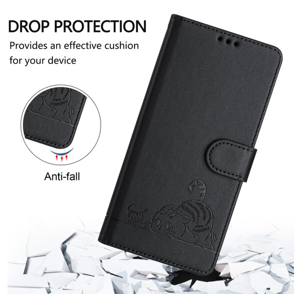 For OPPO A77S 4G Cat Rat Embossed Pattern RFID Leather Phone Case with Lanyard(Black)