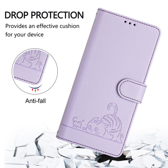 For OPPO A77 4G Global Cat Rat Embossed Pattern RFID Leather Phone Case with Lanyard(Purple)