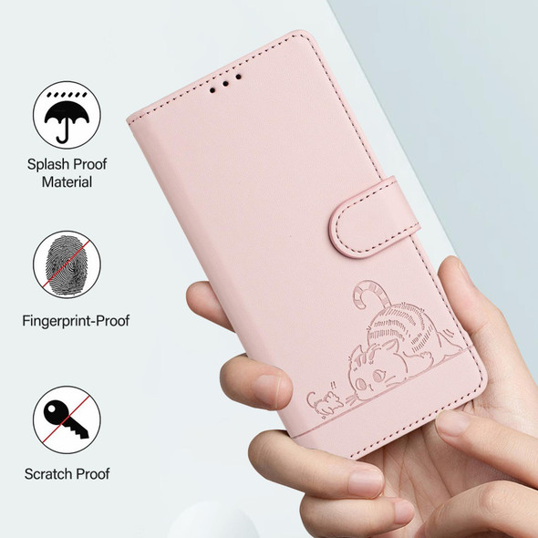 For OPPO A95 4G Global / Reno6 Lite Cat Rat Embossed Pattern RFID Leather Phone Case with Lanyard(Pink)
