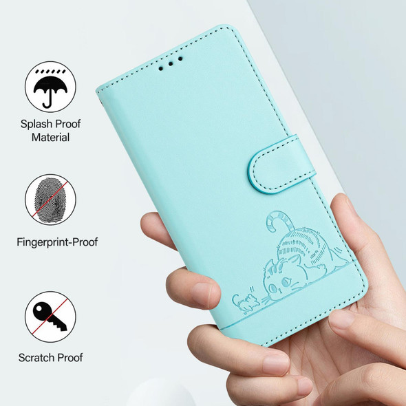 For Realme 11 4G Global Cat Rat Embossed Pattern RFID Leather Phone Case with Lanyard(Mint Green)