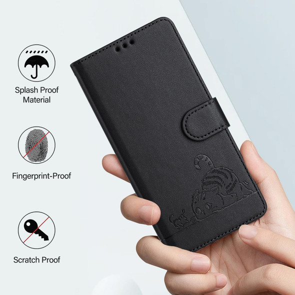 For OPPO Reno8 T 4G Global Cat Rat Embossed Pattern RFID Leather Phone Case with Lanyard(Black)