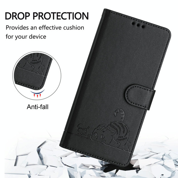 For Realme 8 5G / 9 5G India Cat Rat Embossed Pattern RFID Leather Phone Case with Lanyard(Black)