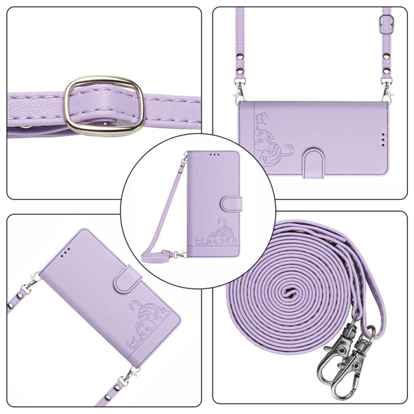 For Realme 12 5G Global Cat Rat Embossed Pattern RFID Leather Phone Case with Lanyard(Purple)