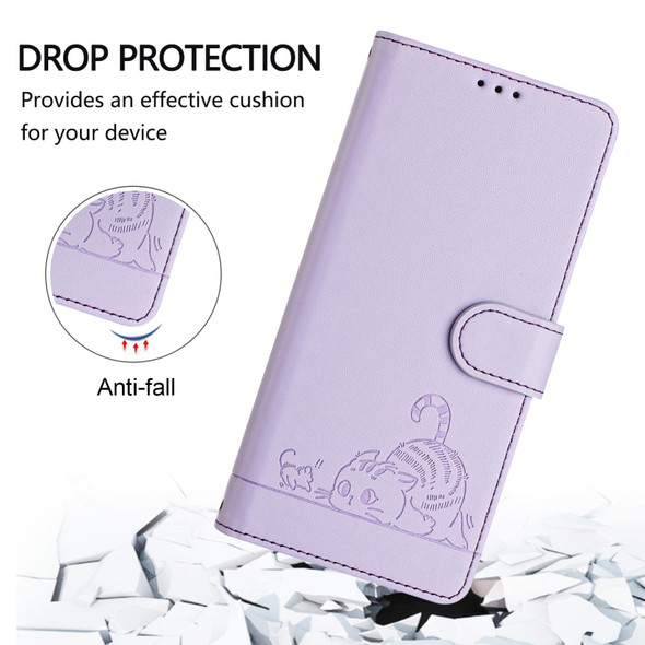 For Realme 12 Pro+ 5G Global Cat Rat Embossed Pattern RFID Leather Phone Case with Lanyard(Purple)
