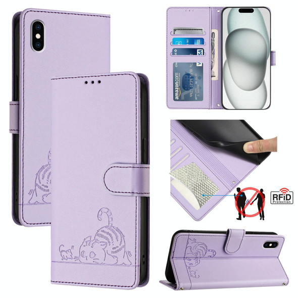 For iPhone XS Max Cat Rat Embossed Pattern RFID Leather Phone Case with Lanyard(Purple)