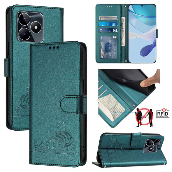 For Realme Note 50 4G Global Cat Rat Embossed Pattern RFID Leather Phone Case with Lanyard(Peacock Green)