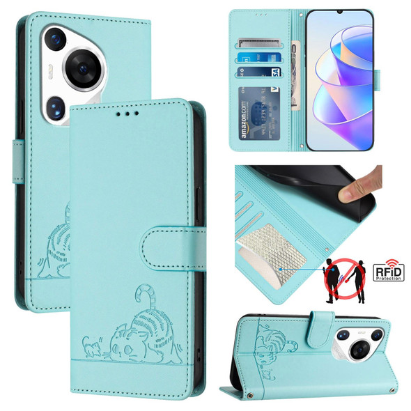 For Huawei Pura 70 Pro Cat Rat Embossed Pattern RFID Leather Phone Case with Lanyard(Mint Green)