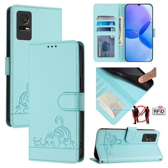 For TCL 405 / 406 / 408 Cat Rat Embossed Pattern RFID Leather Phone Case with Lanyard(Mint Green)